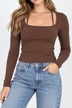 Abercrombie & Fitch Square Neck Long Sleeve Double Strap Crop Top Y2K Brown NWT